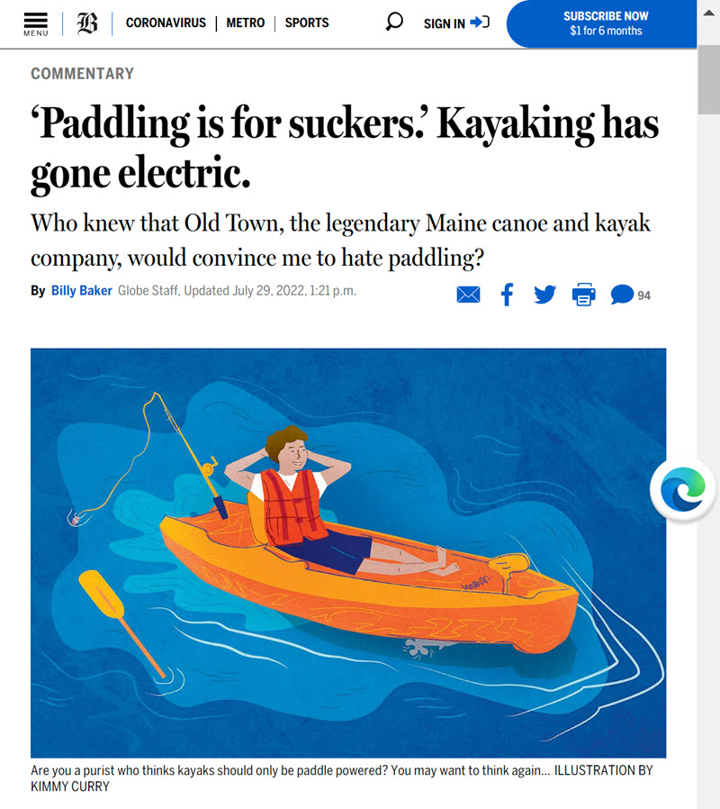 The Boston Globe: Paddling is for suckers. Kayaking has gone electric.
